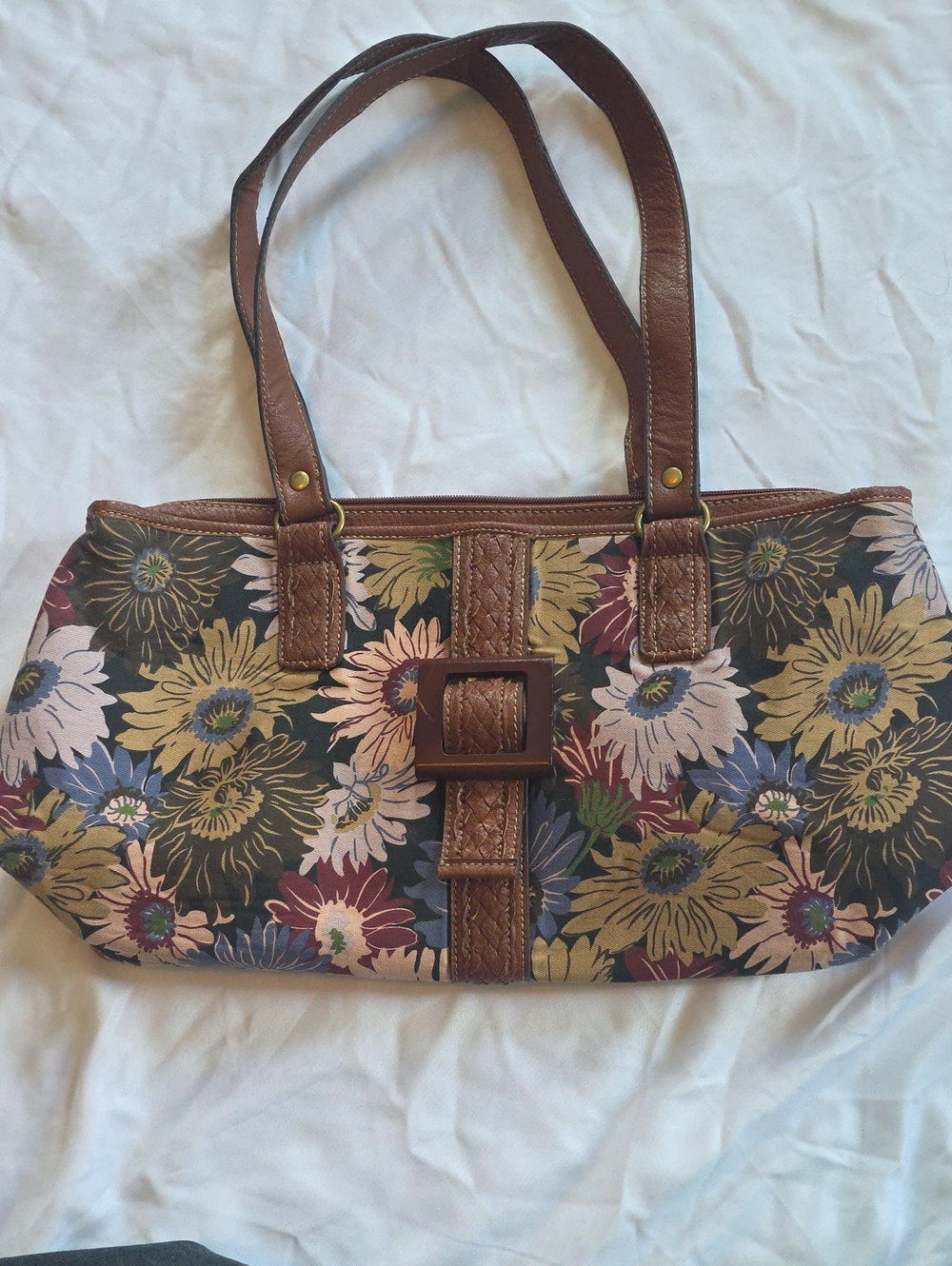 Floral Canvas Shoulder Bag with Brown Leather Accents